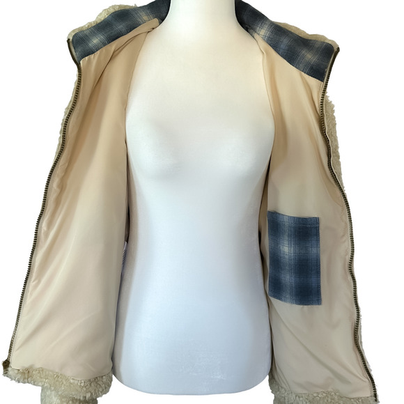 Pendleton Teddy Sherpa Fluffy Zip Up Ivory Blue Cream Flannel Womens Jacket Sz S - Picture 10 of 14